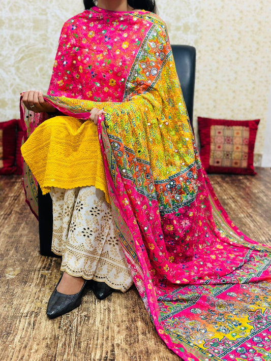 Yellow Pakistani Fusion Chikankari Suit with Embroidered Dupatta - Inayakhan Shop 