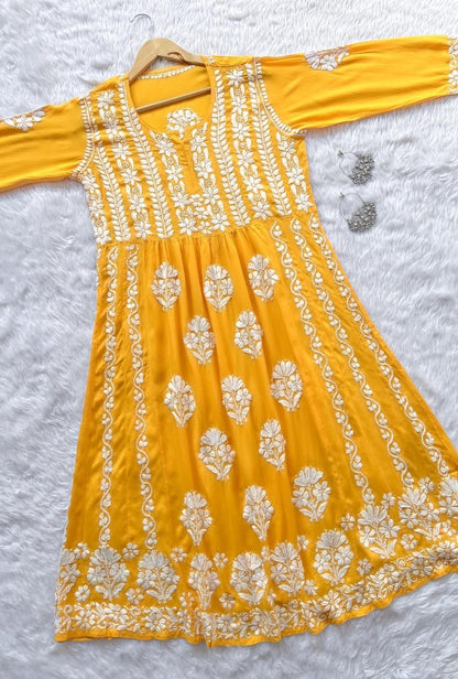 Yellow Party Wear Long Modal Heavy Chikankari Handwork A-Line Gown - Inayakhan Shop 