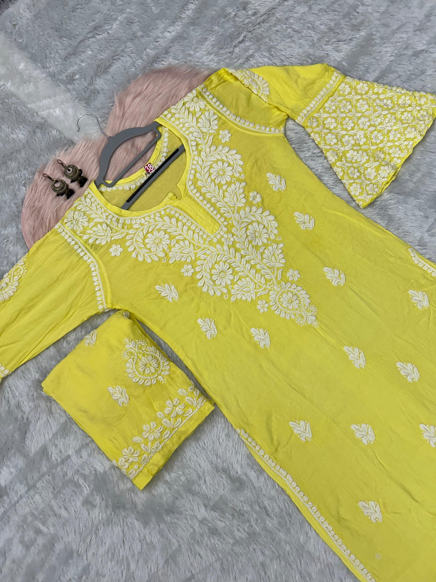 Yellow Premium Modal Chikankari Bell Sleeves Kurti with Palazzo Set - Inayakhan Shop 