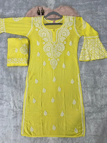 Yellow Premium Modal Chikankari Bell Sleeves Kurti with Palazzo Set - Inayakhan Shop 