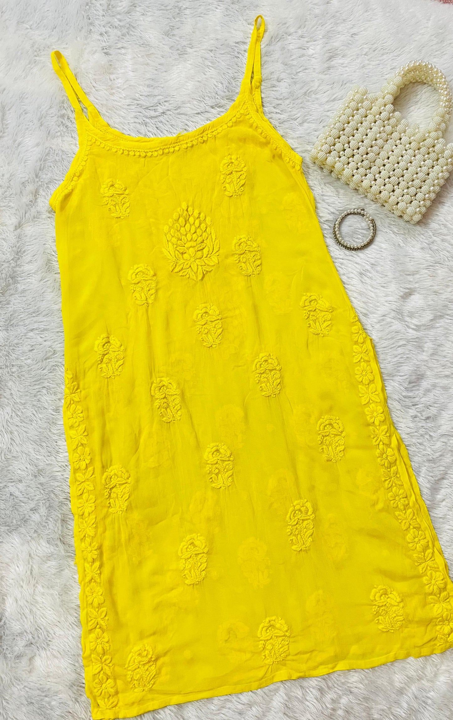 Yellow Premium Noodle Strap Viscose Handwork Lucknow Chikankari Kurti - Inayakhan Shop 