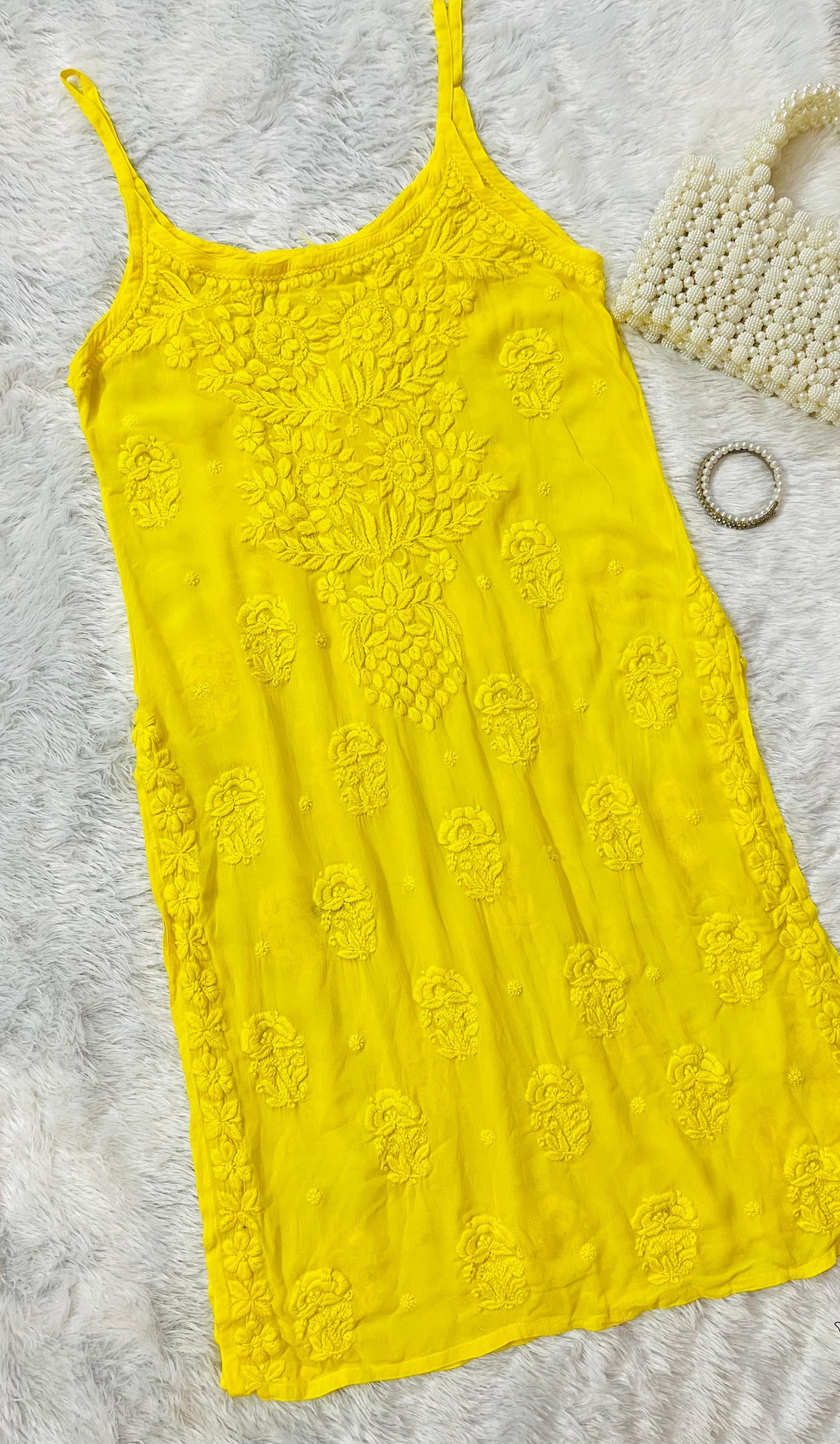 Yellow Premium Noodle Strap Viscose Handwork Lucknow Chikankari Kurti - Inayakhan Shop 