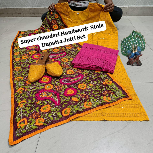 Yellow Pure Cambric Cotton Kurti with Beautiful Handwork Stole Dupatta Jutti Set - Inayakhan Shop 