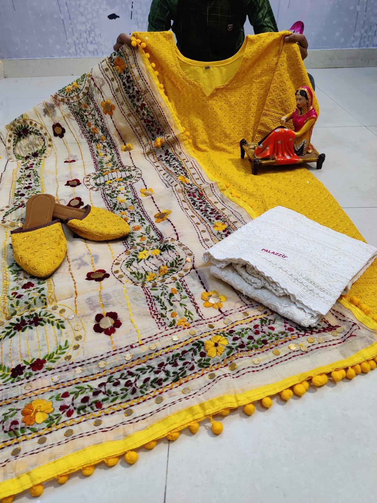 Yellow Pure Cotton Phulkari Suit with Beautiful Handmade Mirror Work Shopping Online - Inayakhan Shop 