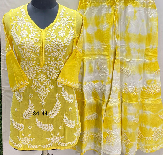 Yellow Pure Mulmul short top with tie and dye gharara with finest quality intricate chikankari hand embroidery - Inayakhan Shop 