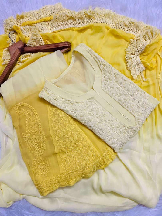 Yellow Radiant Reflections Ombré Booti Jaal Chikankari Set (INNER INCLUDED) - Inayakhan Shop 
