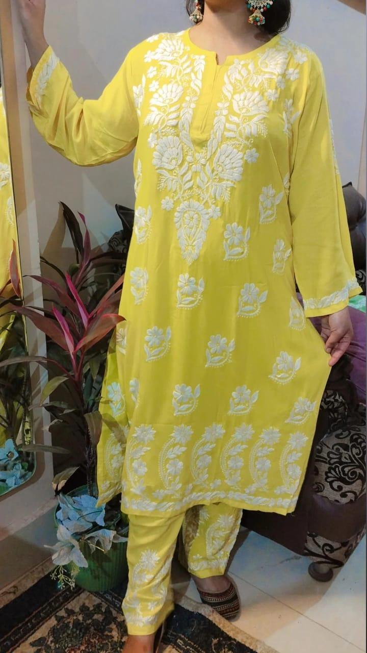 Yellow Regal Reverie Rayon Chikankari Ensemble with Lucknowi Ghaas Patti Handwork - Inayakhan Shop 