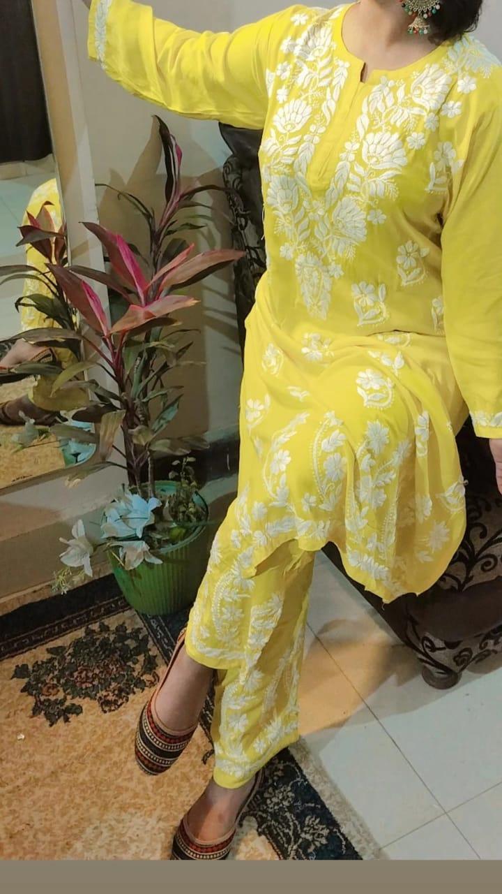 Yellow Regal Reverie Rayon Chikankari Ensemble with Lucknowi Ghaas Patti Handwork - Inayakhan Shop 