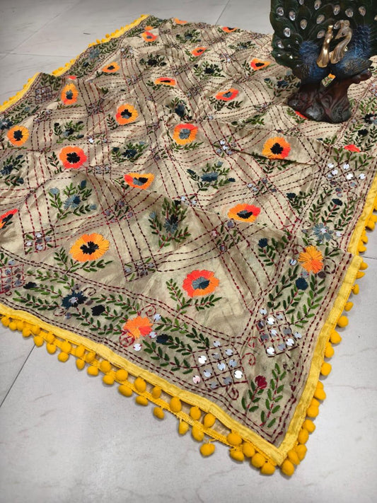 Yellow Silk Pom Pom Phulkari Dupatta with Exquisite Handwork Embroidery - Inayakhan Shop 