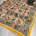 Yellow Silk Pom Pom Phulkari Dupatta with Exquisite Handwork Embroidery