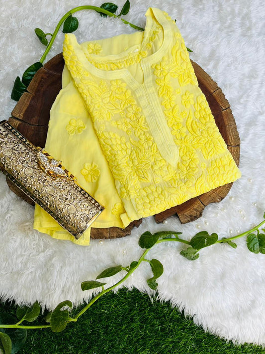 Yellow Viscose Chikankari Kurti with 3-D Thread Handwork Embroidery Latest Online - Inayakhan Shop 