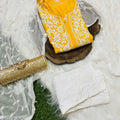 Yellow White 3 Pc Lucknow Chikankari Handwork Kurti, Pant, and Dupatta Set