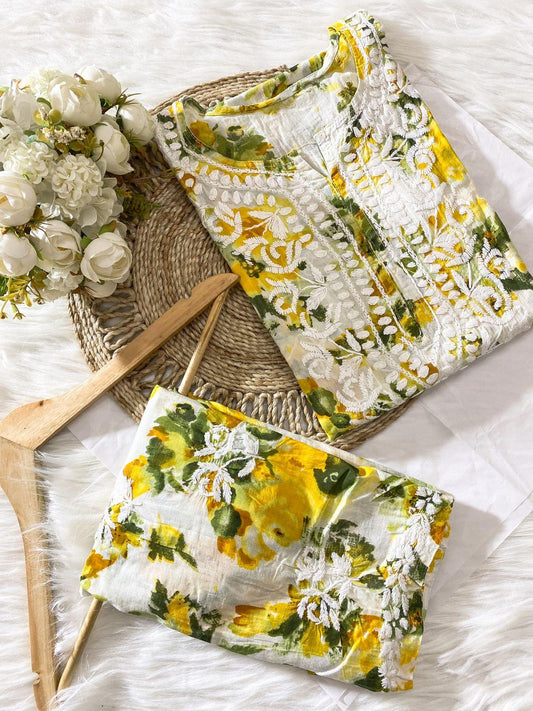 Yellow White Floral Elegance Mul Mul Cotton Pallazo Coord Set - Inayakhan Shop 
