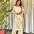 Yellow White Lucknowi Chikankari Mul Mul Cotton Kurti and Palazzo Co-ord Set