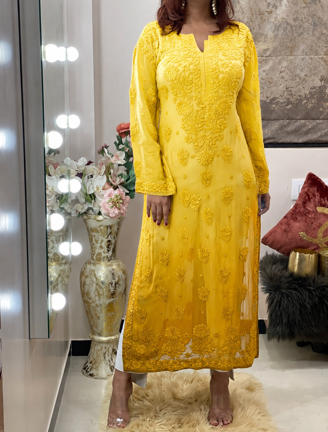 Yellow Breezy Bliss Dyed Viscose handcrafted Chikankari Long Kurti (New)