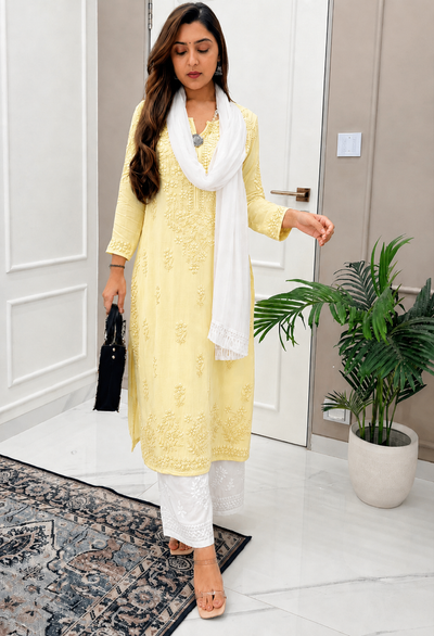 Pastel Yellow and White Ethereal Dyeable Chikankari Kurta Set (Latest Summer Colors)