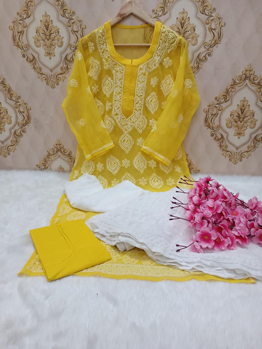 Yellow Lucknawi Chikankari Georgette Full Jaal Sharara 4 Pc Set