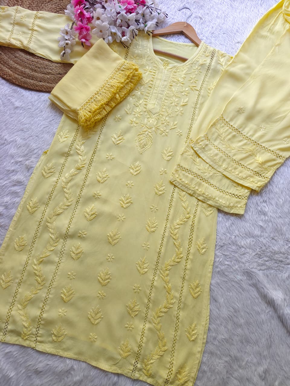 Yellow Aura Luxe: Premium Rayon 3-Piece Lucknowi Chikankari Ensemble
