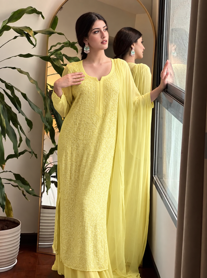 Light yellow Resham Viscose Jaal Kurti, Palazzo & Dupatta Set (New)