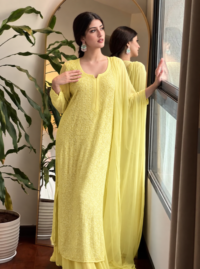 Light yellow Resham Viscose Jaal Kurti, Palazzo & Dupatta Set (New)