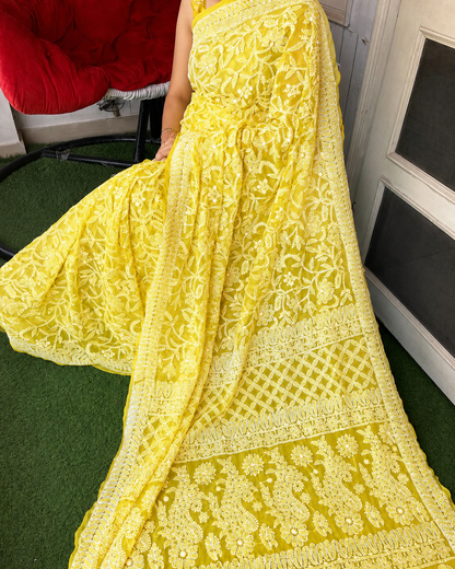 Yellow Color Full Jaal Chikankari Saree by Inayakhan (New)