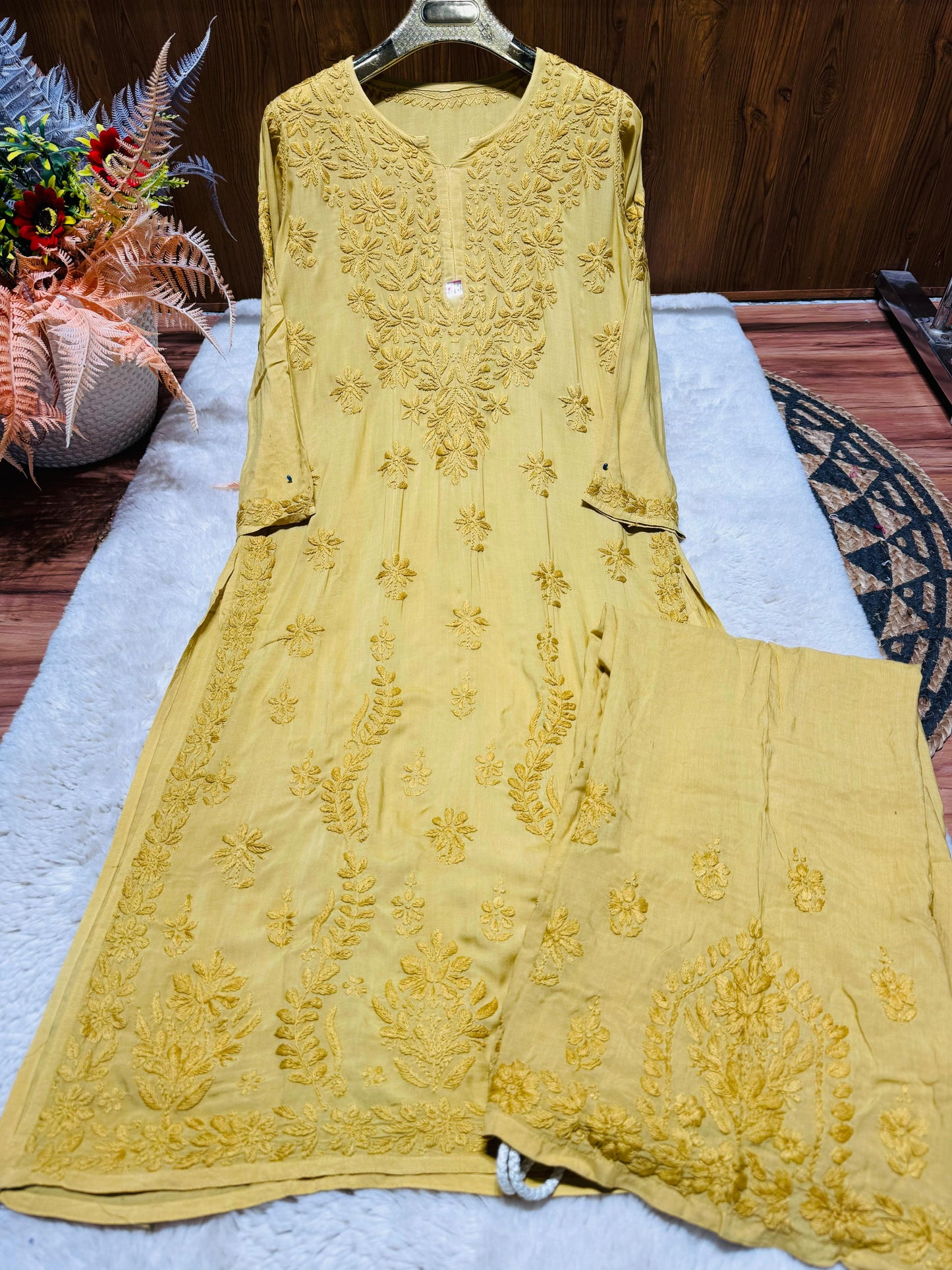 Yellow Plus Size Lucknow Chikankari Modal Kurti with Palazzo Set