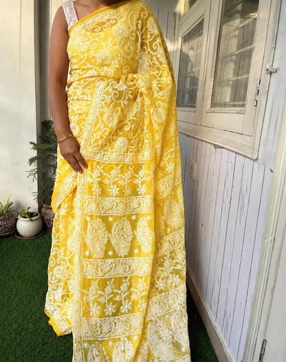Yellow Color Full Jaal Chikankari Saree by Inayakhan (New)