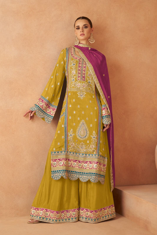 Mustard Premium Designer Pakistani Salwar Kameez Palazzo with Dupatta