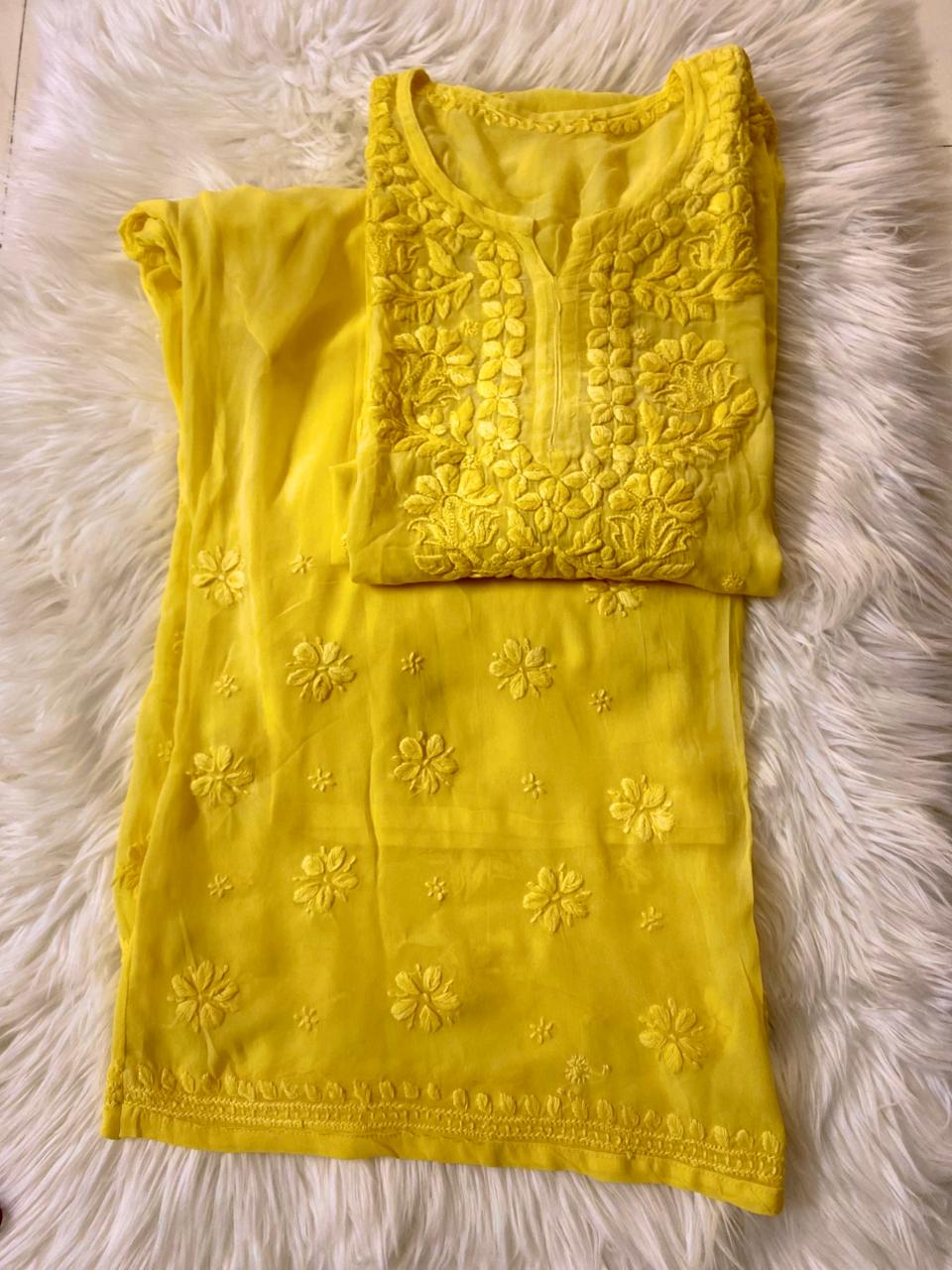 Party Wear Yellow Viscose Chikankari Kurti Set with 3D Handwork Inner included