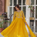 Yellow Nafisa Embroidered Georgette Indian Gown with Dupatta