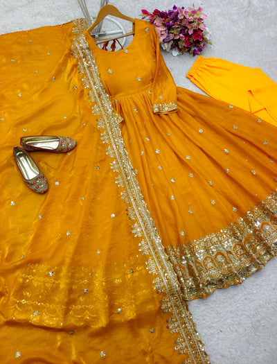 Elegant Yellow Opulent Zimmy Silk Gown Set