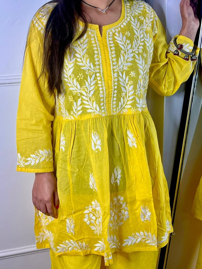 Yellow Chikankari Cotton Short Kurti Palazzo Set