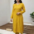 Yellow Lucknow Chikankari Handcrafted Muslin Kurti with Cutwork Embroidery Pant Set