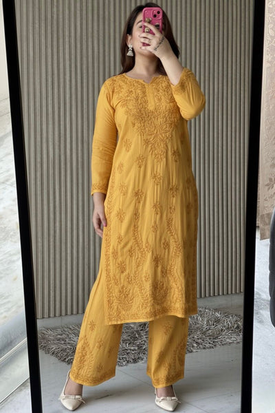 Yellow Plus Size Lucknow Chikankari Modal Kurti with Palazzo Set