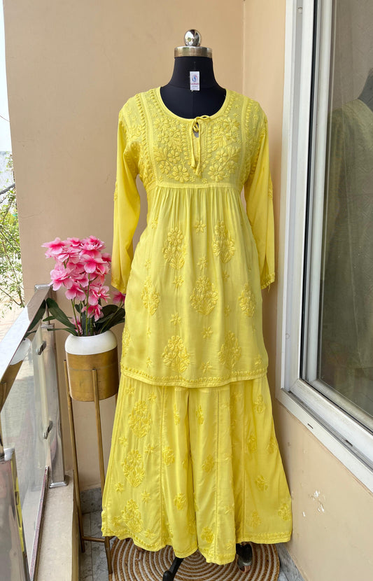 Yellow Premium Modal Silk Chikankari Kurti and Gharara Set Limited Stock