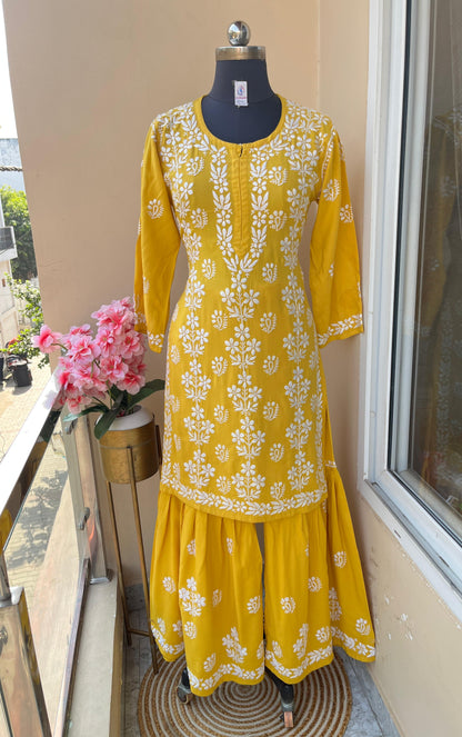 Yellow Premium Kurti & Gharara Co-ord Set – Lucknow Chikankari Handwork