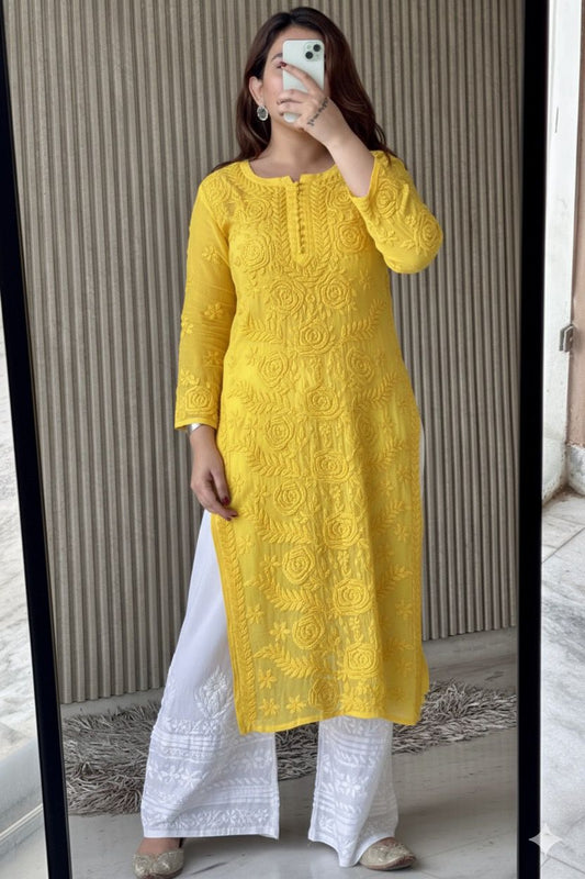 Yellow Lucknowi Chikankari Rose Viscose Georgette Kurta Set