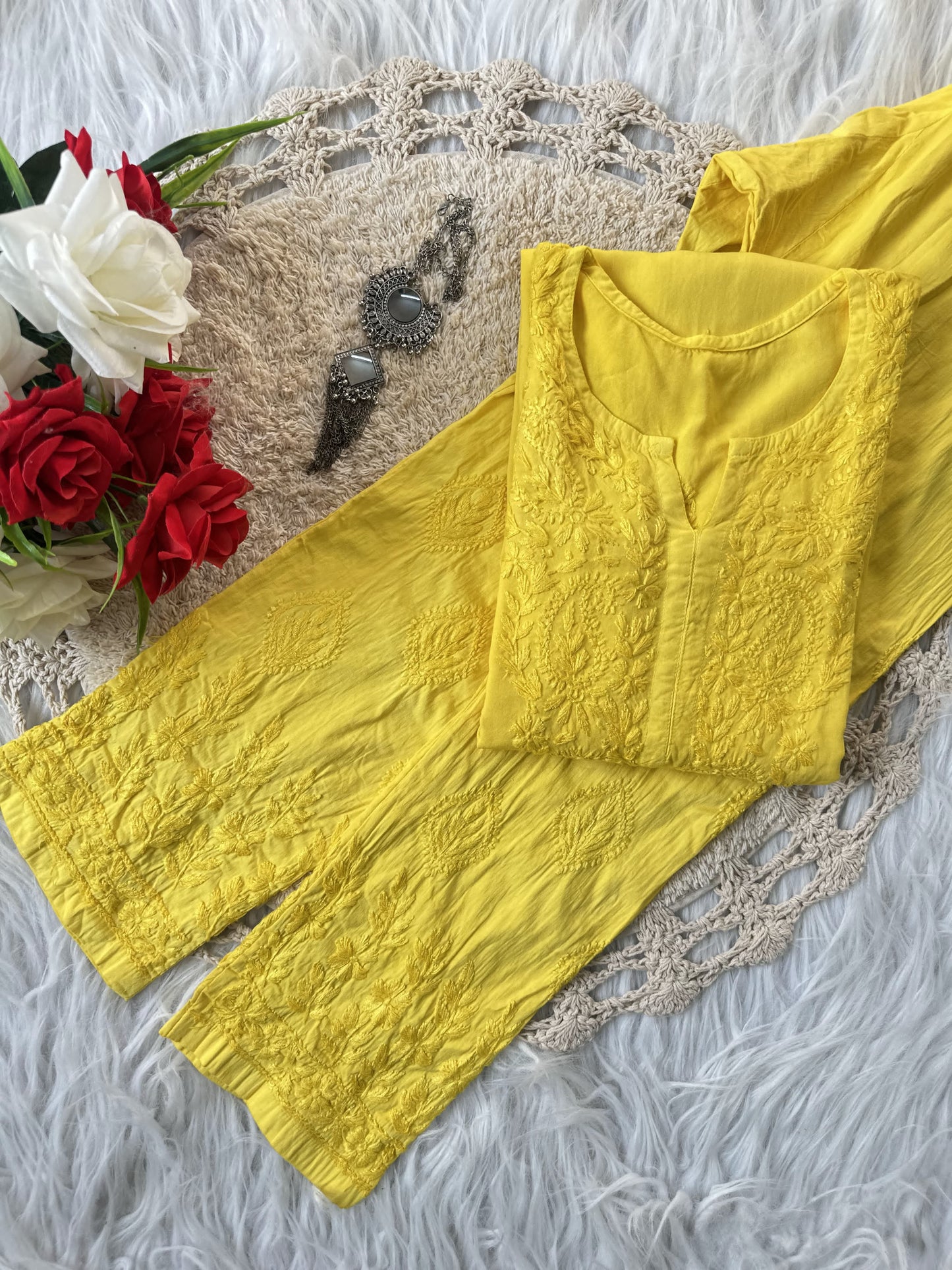 Yellow Designer Lucknow Chikankari Collection Cotton Kurti & Pant Set