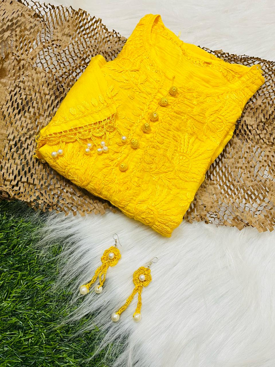 Yellow Elegant Chanderi Kurti with Quraishiya & Moti Work – Matching Handmade Earrings & lycra Pant