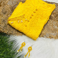 Yellow Elegant Chanderi Kurti with Quraishiya & Moti Work – Matching Handmade Earrings & lycra Pant