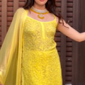 Yellow Lucknow Chikankari Resham Work Viscose Short Kurti & Garara Set with Chiffon Dupatta