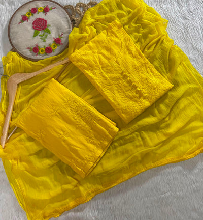 Yellow Dobby Cotton Chikankari Kurti Palazzo Dupatta Set – Plus Size