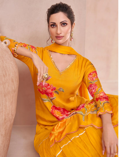 Yellow Elegant Party Wear Muslin Lehenga Suit with Dupatta