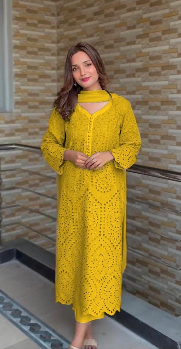 Yellow Chikan Hakoba Designer Ready-to-Wear Suits Plus Sizes available