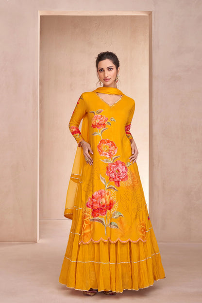 Yellow Elegant Party Wear Muslin Lehenga Suit with Dupatta