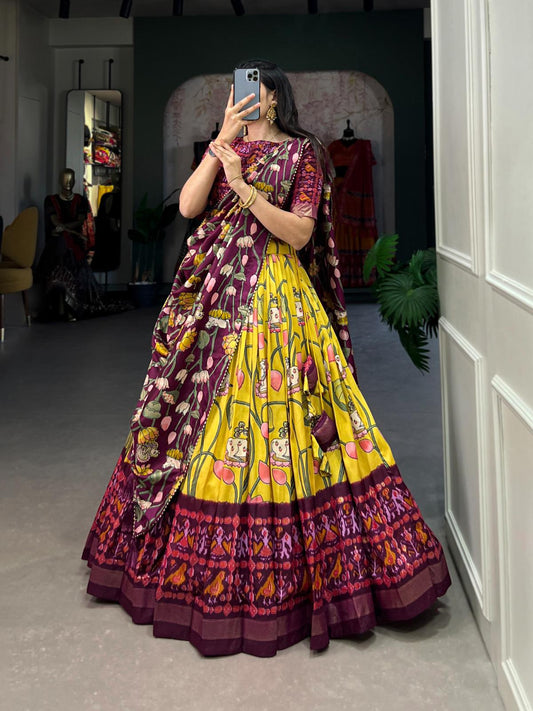 Yellow Heritage Pichwai & Patola Printed Tussar Silk Lehenga Choli