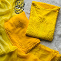 Yellow Ombre Elegance: Handcrafted Lucknowi Chikankari Rayon 3-Piece Set with Dupatta