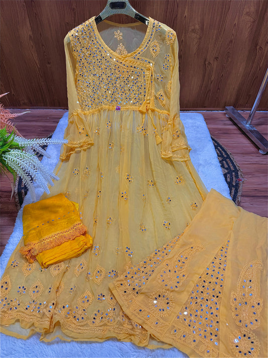 Yellow Lucknowi Chikankari Georgette Mirror Work Angrakha Gown with Sharara & Dupatta Set