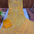 Yellow Lucknowi Chikankari Georgette Mirror Work Angrakha Gown with Sharara & Dupatta Set