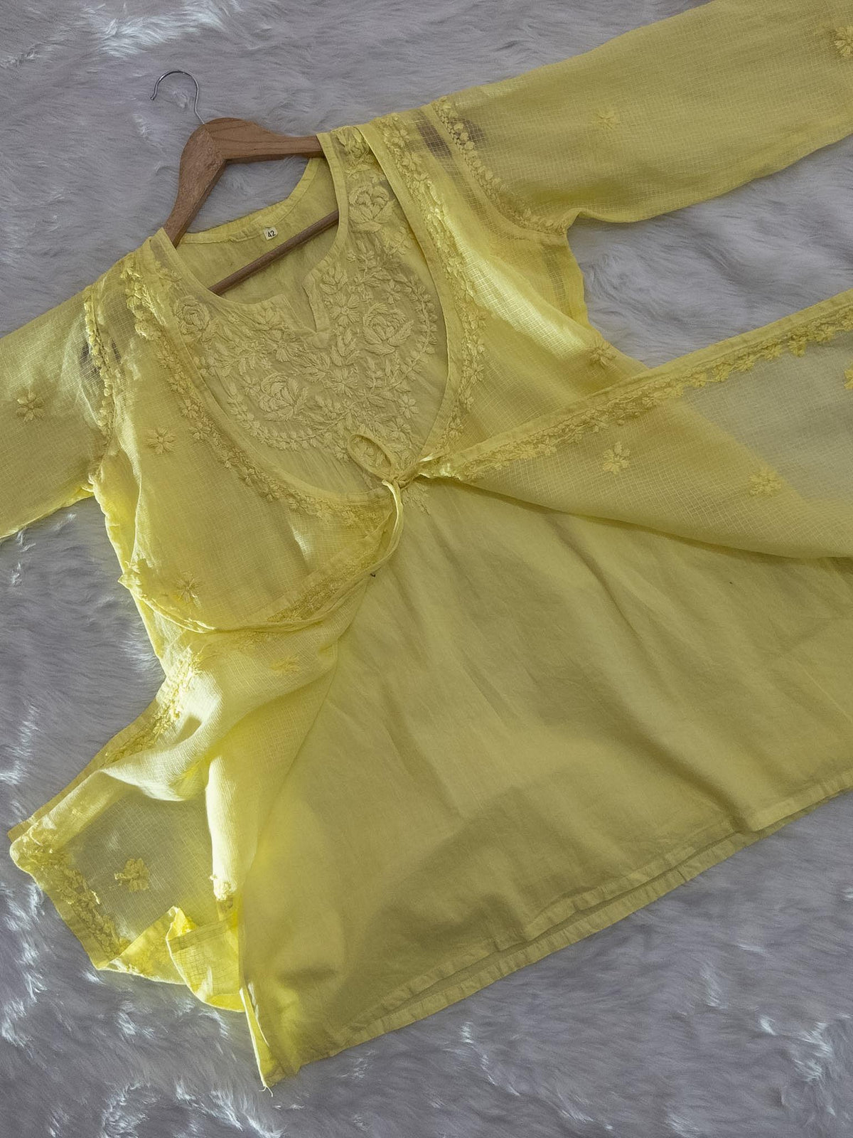 Yellow Mul Kota Doria Chikankari Shrug with Mulmul Inner